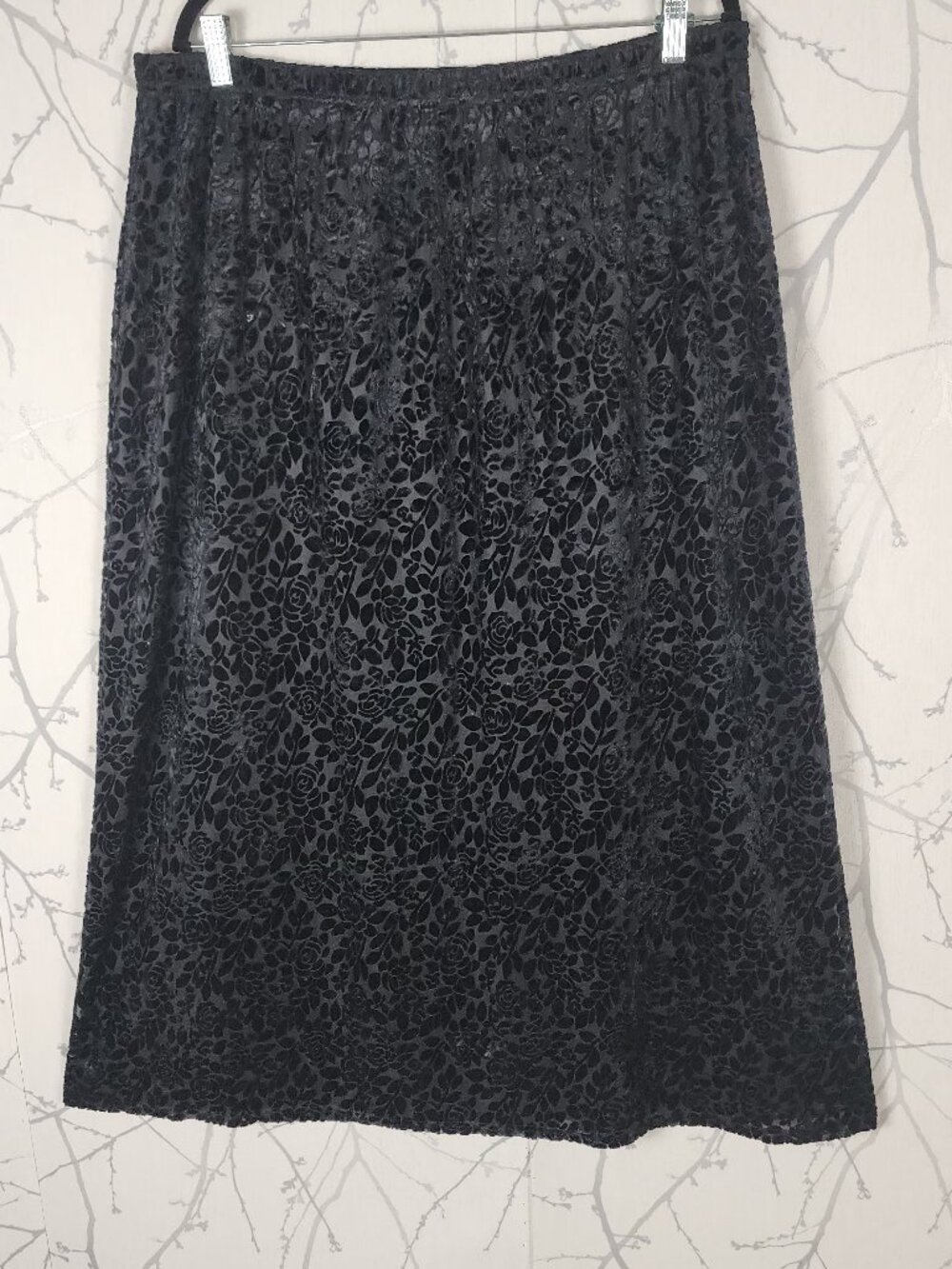 Canadian Made VTG Rose Floral Velvet Burn Out Elastic Waist Midi Skirt